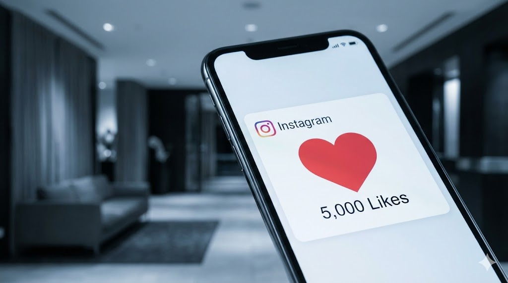 Smartphone con likes en un hotel vacío
